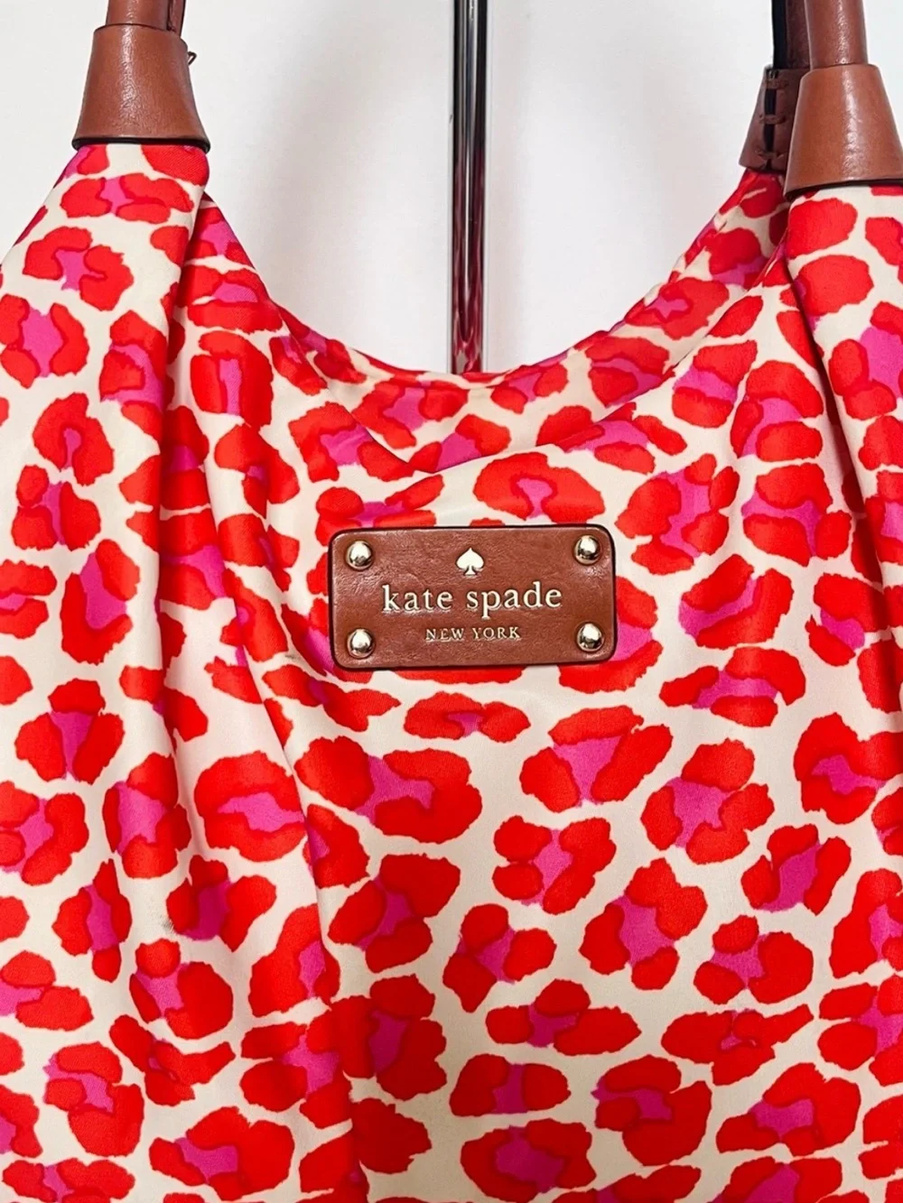 Kate Spade “Into the Wild” Red & Pink Nylon animal print Hobo Slouch bag